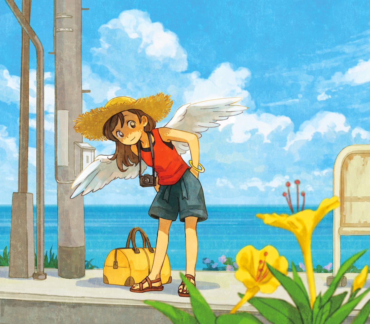 1girl solo hat outdoors wings brown hair shorts  illustration images