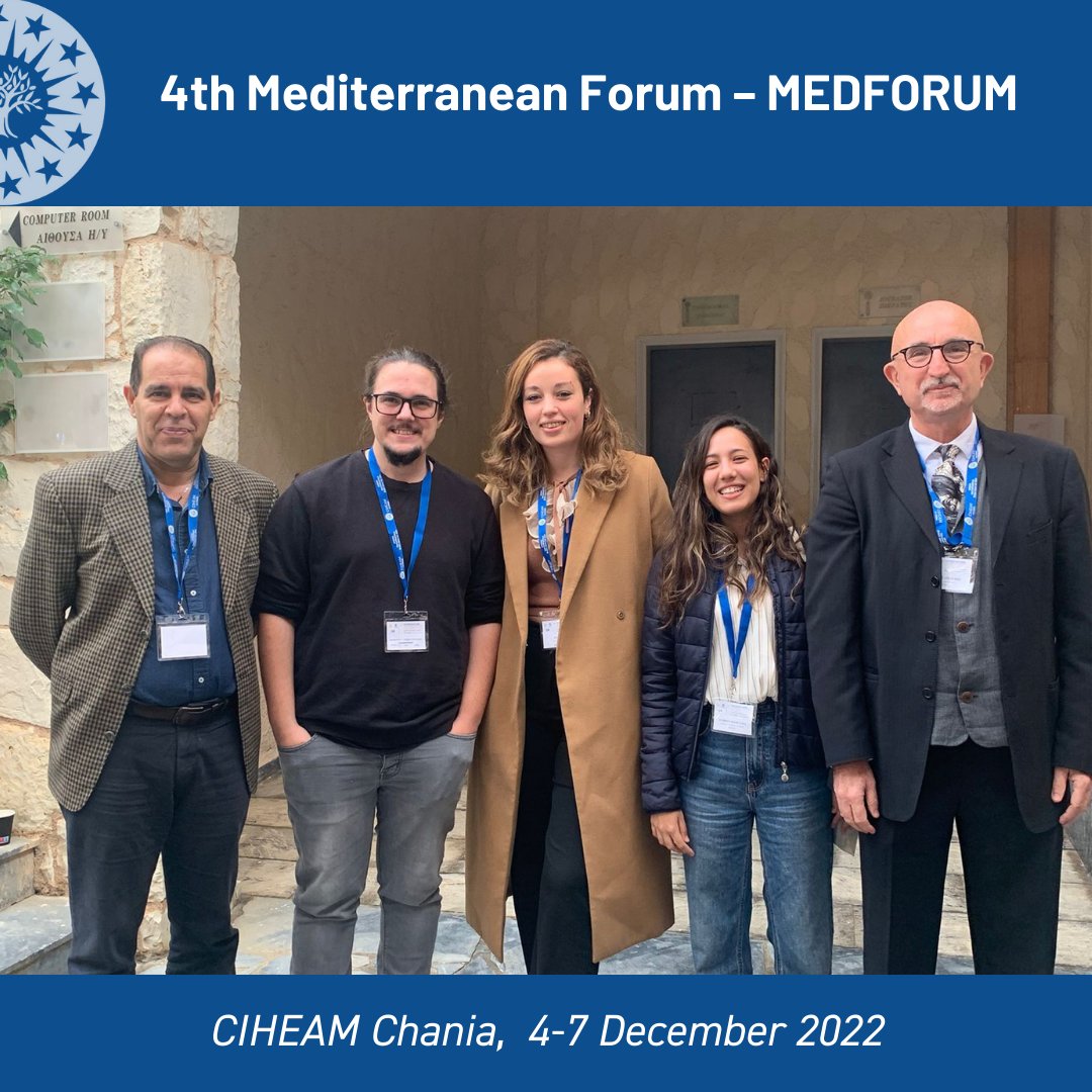 CIHEAMZaragoza's tweet photo. @CIHEAMZaragoza delegation at 4th #MEDFORUM in @CIHEAM_MAICh  
Director Raúl Compés with colleague Ramzi Belkhodja and alumni Francesc Montardit, Iman Arfa and Hafsa Debbagh-Nour https://t.co/QA2f7R7q70