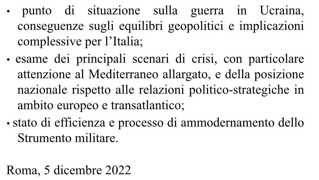 Il Presidente #Mattarella ha convocato il Consiglio Supremo di #Difesa al Palazzo del Quirinale per lunedì 12 dicembre 2022 alle ore 17.00.  
L’ordine del giorno prevede la trattazione dei seguenti temi: