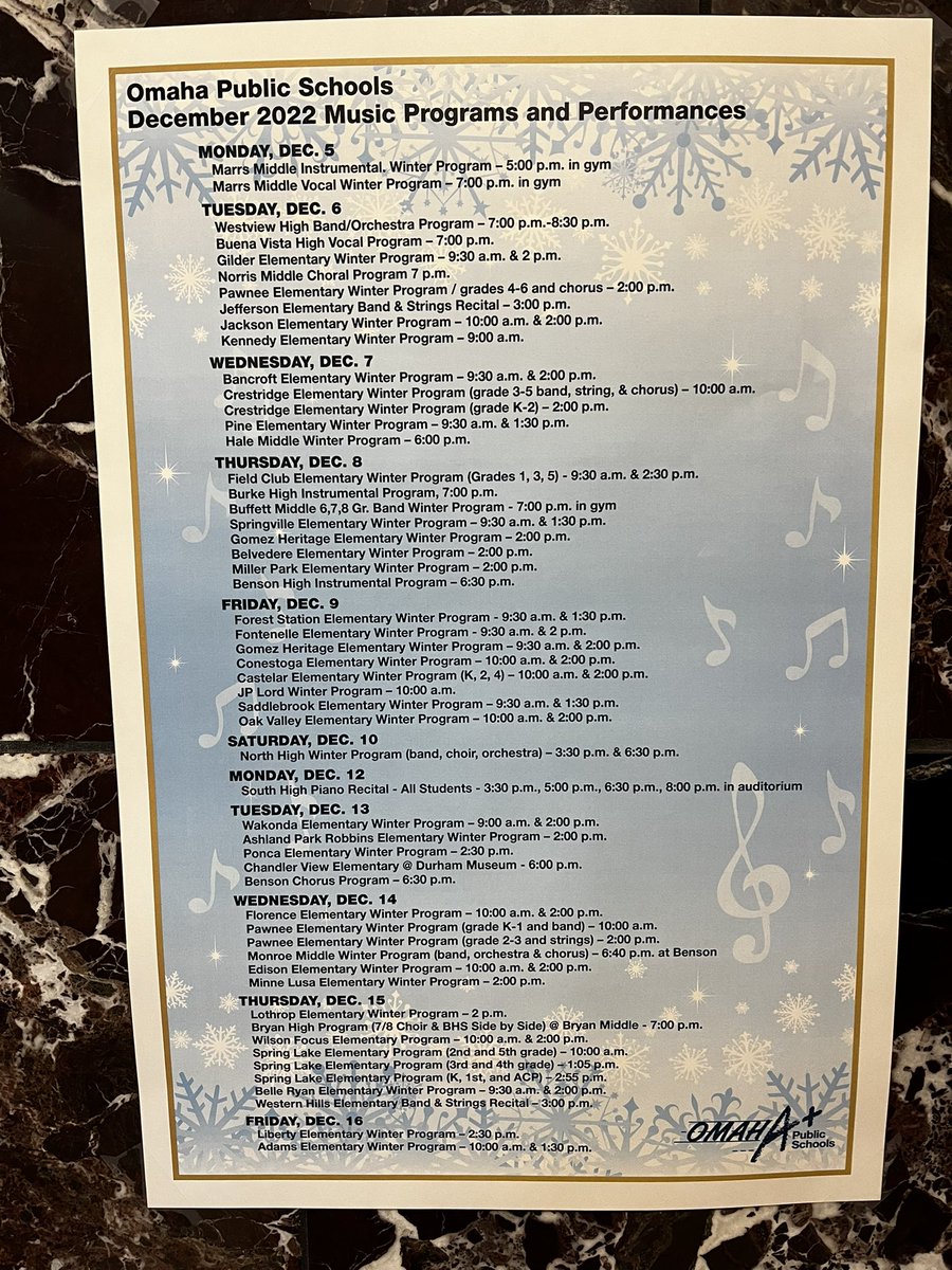 OPS_MusicEd's tweet photo. A busy few weeks of winter programs in the Omaha Public Schools! Looking forward to happy families and festive music! https://t.co/28gZmx5X6Y