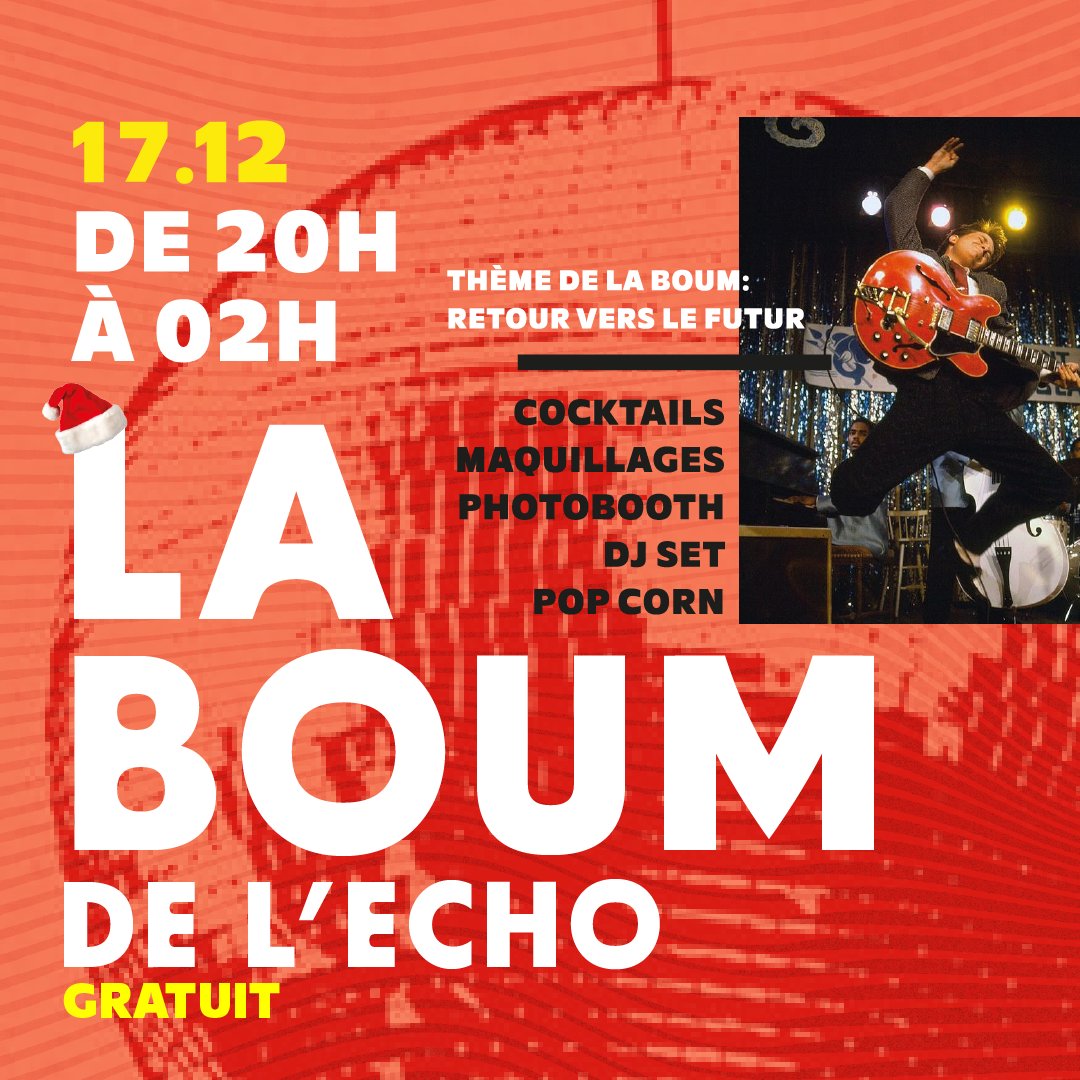 LA BOUM DE L'ECHO 

La boum de fin d'année à ne pas rater le 17 décembre à L'Echonova. 

RDV à 20h pour danser toute la night = jusqu'à 2h. 💃🕺
#thug 

Soirée gratuite !

➡lechonova.com/concert-exposi…