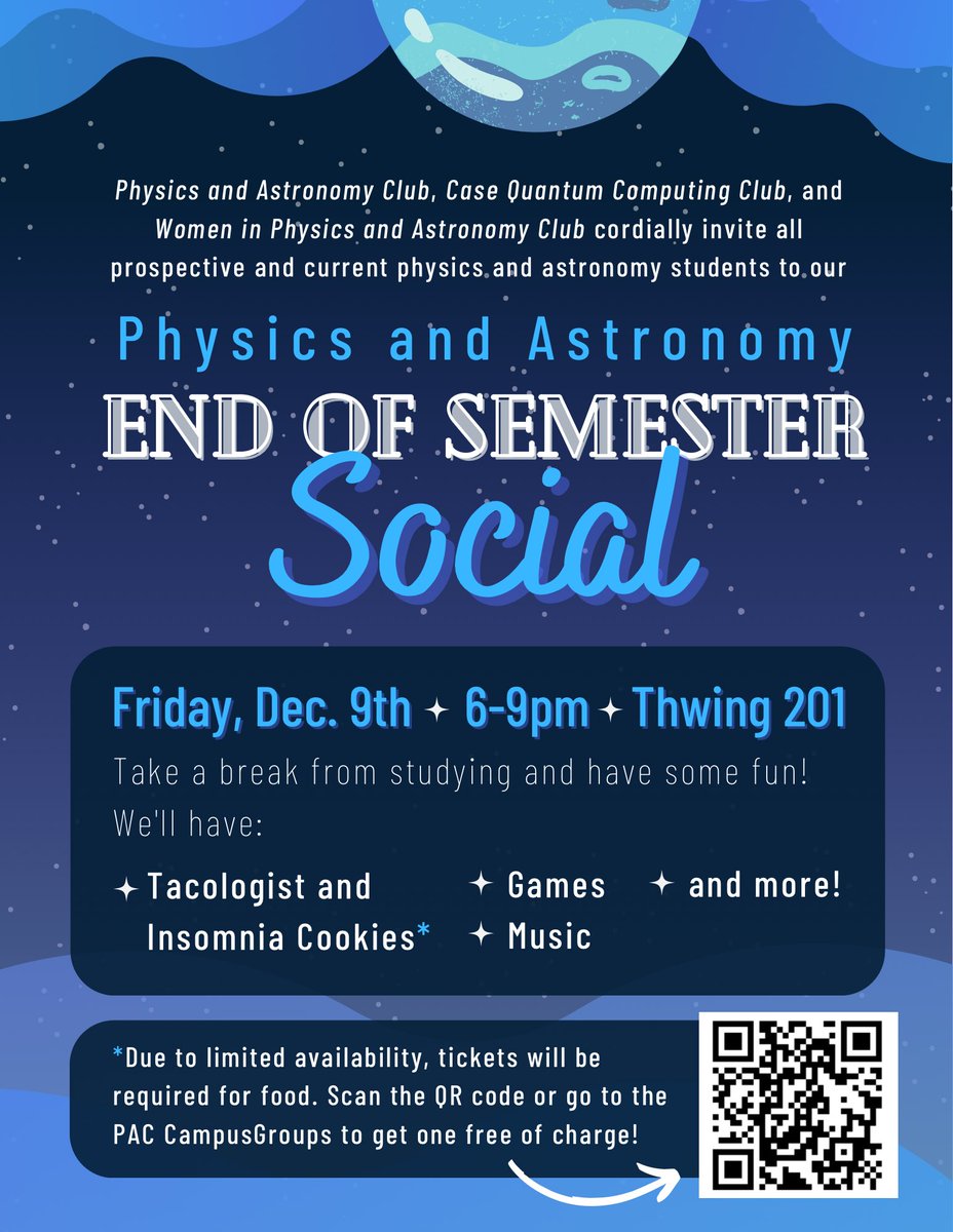 We are excited to be co-hosting an end of semester social this Friday (12/9) from 6–9pm in Thwing 201! All prospective/current physics and astronomy students are welcome to attend. We hope to see you there! 💫🪐
