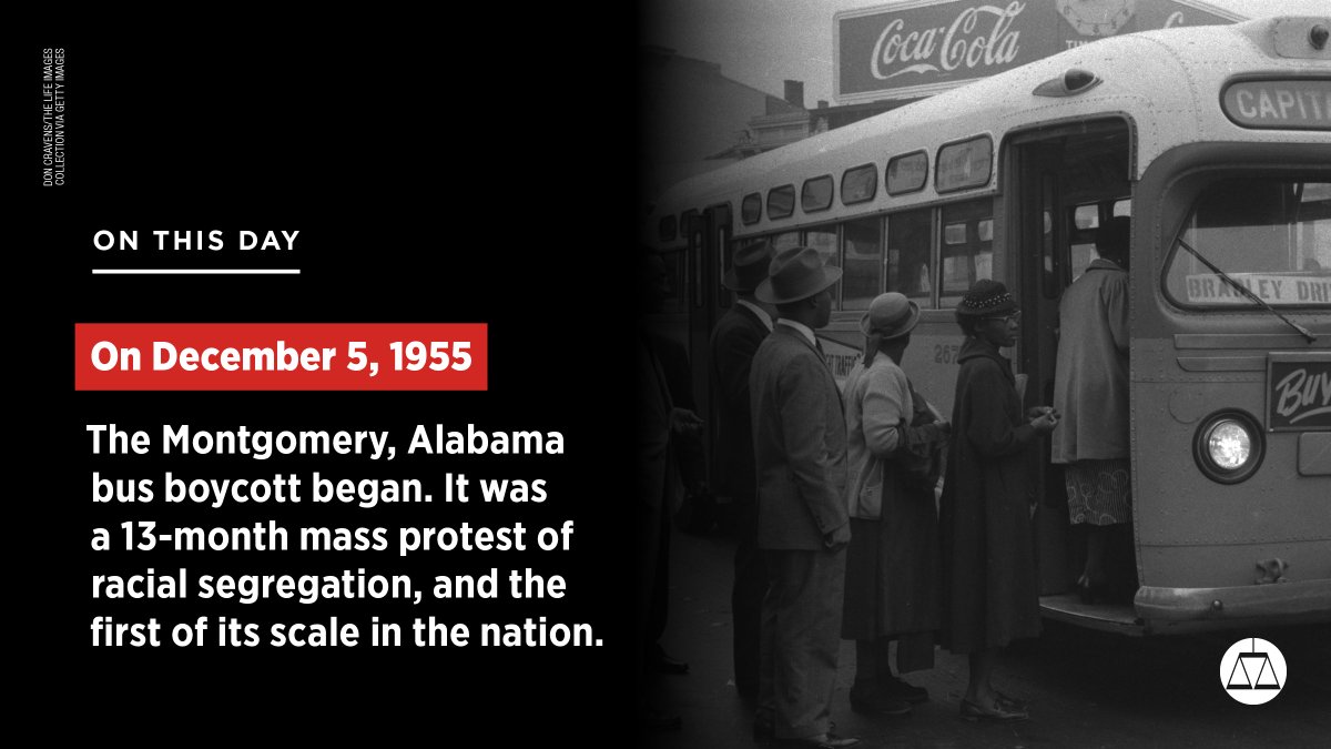 CivilRightsCntr's tweet photo. #OTD in 1955, sparked by the arrest of Rosa Parks four days earlier, the Montgomery, Alabama, Bus Boycott began. 

It was a 13-month mass protest of racial segregation The Montgomery Improvement Association coordinated the boycott under the leadership of Martin Luther King Jr. https://t.co/xPkh3Q5VBu
