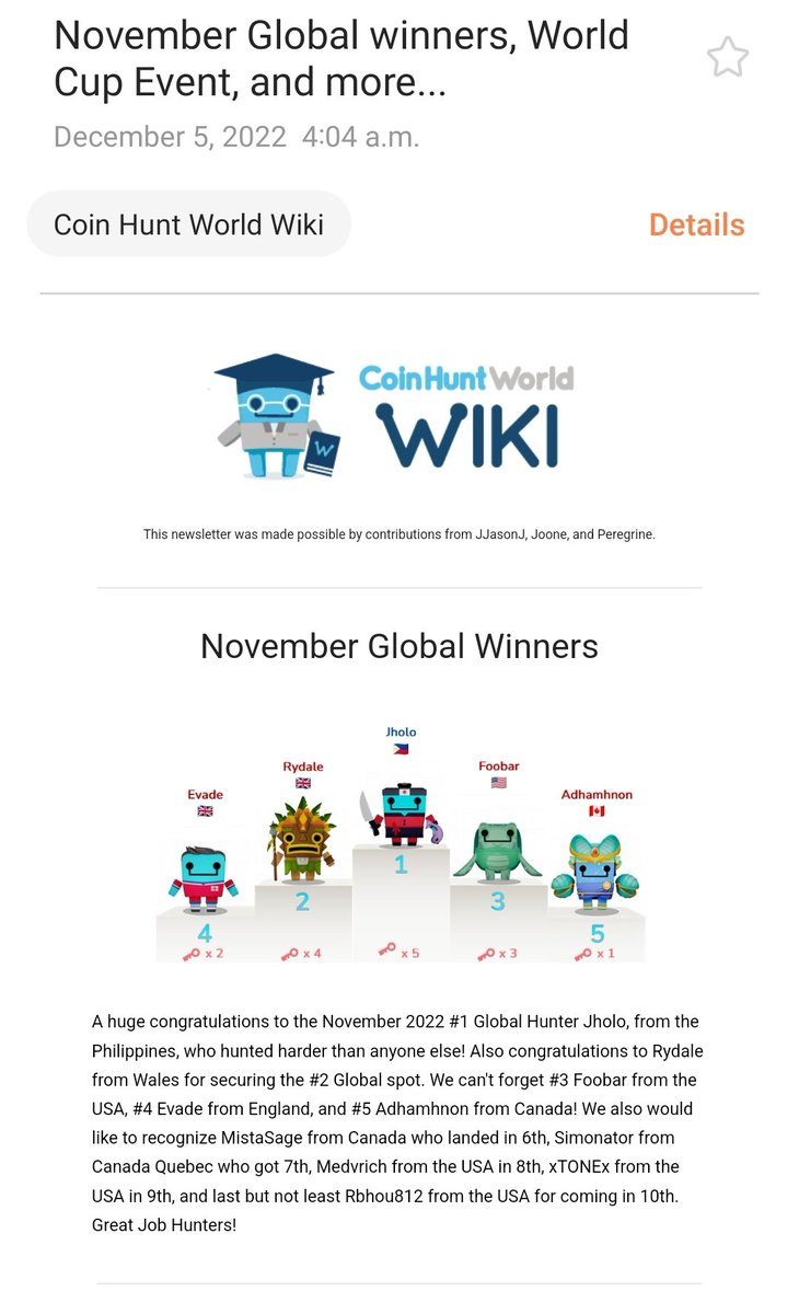 The latest #coinhuntworld Wiki Newsletter was sent out early this morning.

Thank you @JasonJ96563175 <a href="/Joone169/">Joone</a> and <a href="/peregrineio/">Peregrine</a> for a great summary.

You can subscribe to the bi-weekly newsletter here: coinhuntworldwiki.com/newsletter/