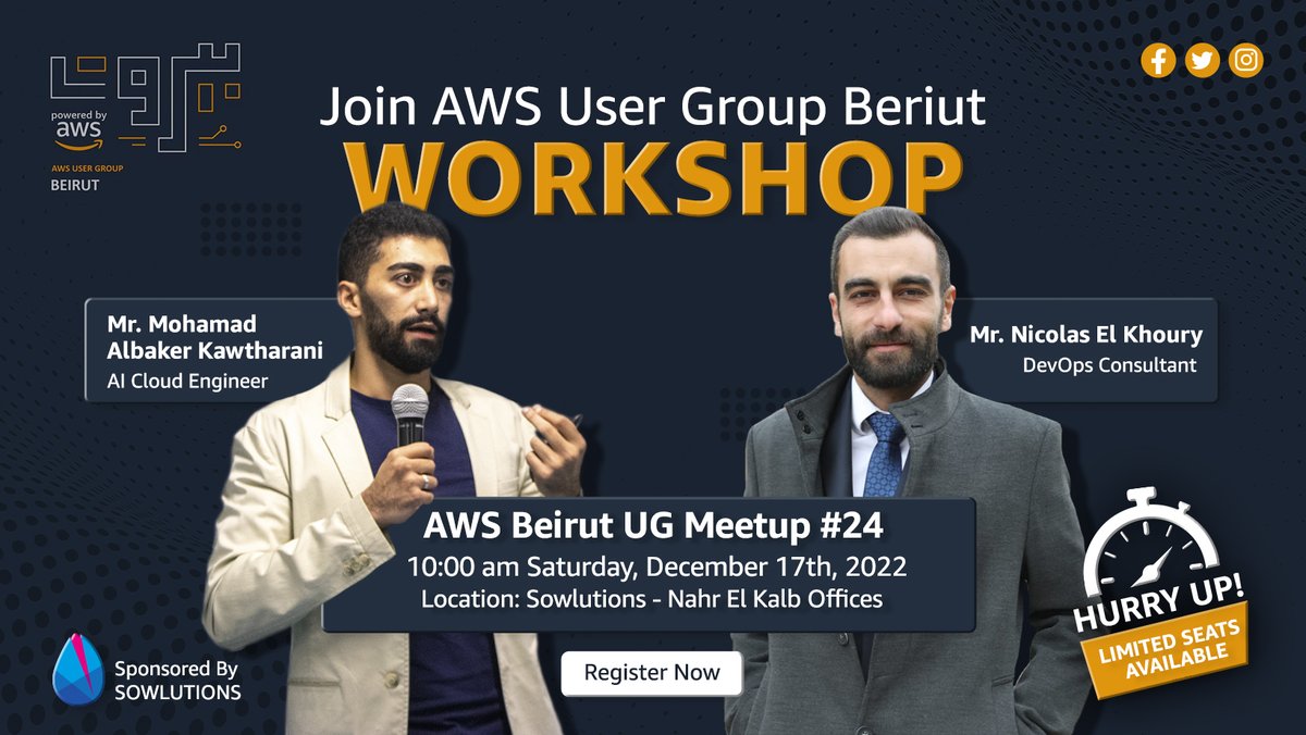 AWSBeirut's tweet photo. AWS Beirut UG Meetup #24: Containers + DataOps Workshop

1) Containers by @NicolasElKhour4 
2) DataOps by @MohAlbakerKaw 

Don't forget to get your laptops and have your AWS account ready

Meetup link:
https://t.co/AbEyIASiWT

@anaskhattar 
@keofteian https://t.co/YxYdIXY0kq