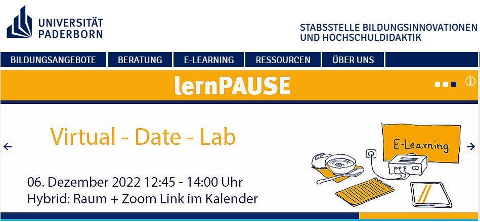 HSD_Paderborn's tweet photo. Morgen ist es wieder so weit, wir laden am Campus und in Zoom zur #lernPause 06.12. 12:45 Uhr Start mit einem kleinen Imbiss und um 13:00 Uhr mit dem Vortrag
"Virtual - Date-Lab"
Link im Veranstaltungskalender oder per Mail.
https://t.co/xBBdMmHB63 https://t.co/wrReL3sHVD