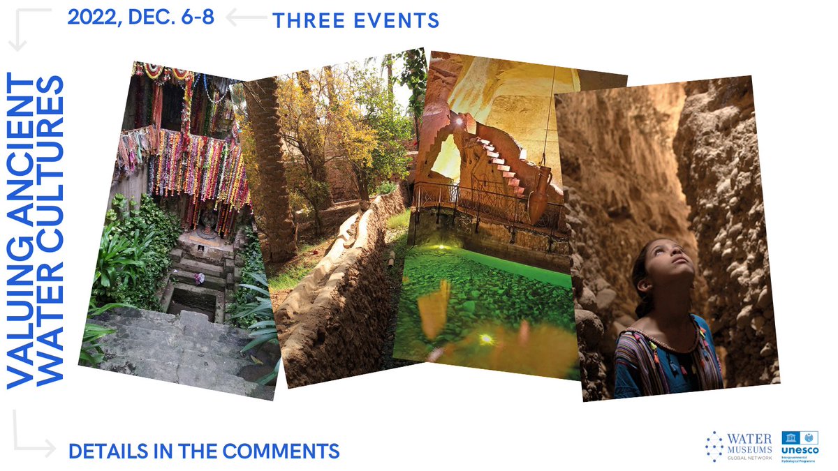 🗓 6Dec_12 am Hybrid SideEvent
🗓 6Dec_5:30 pm & 8Dec_11:15 am Guided tour 
🗓 7Dec_4 pm Exhibition Opening
 
Join us for Valuing Ancient Water Cultures @UN_Water  Summit on Groundwater in Paris
Three events to explore #ancestralknowledge for #sustainablegroundwatermanagement