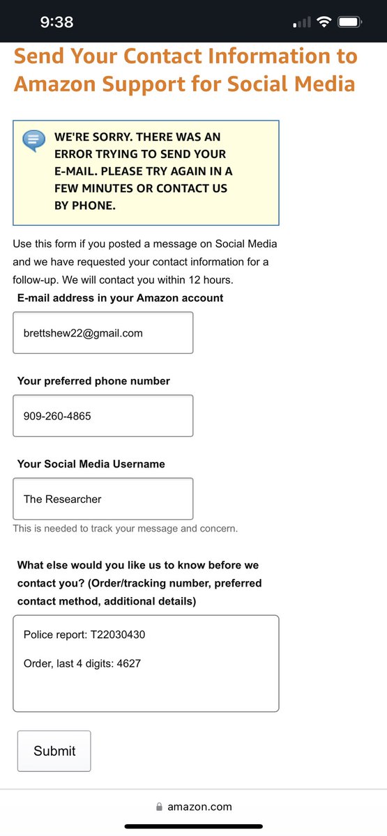 HereToSeeFacts's tweet photo. @AmazonHelp Idk if this will help or suffice since link is not working to submit on the various browsers I’ve tried.  I would love to get help from someone other than the 206 number Amazon provides because I keep getting zero progress and they tell me to try again later https://t.co/fpvyVe7JyF