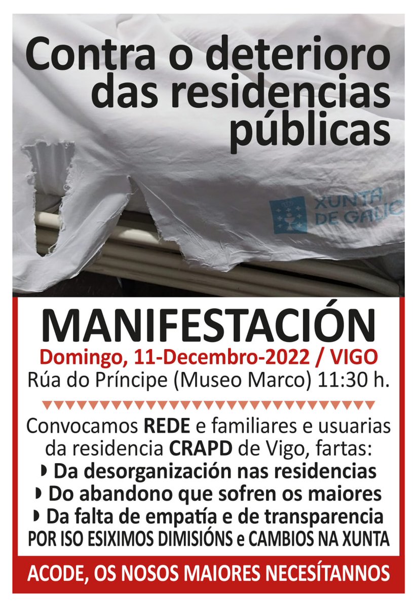 📢 Apoiamos a manifestación convocada este domingo 11 en Vigo por <a href="/REDE_org/">REDE</a> familiares e usuarias de residencias de maiores. Contra o deterioro das residencias públicas. Basta de maltrato por parte da Xunta.🏢
📍MARCO
⏰ 11.30h