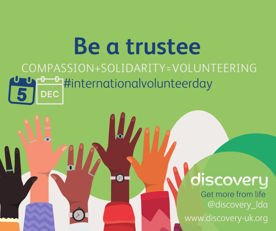DiscoveryLDA's tweet photo. Today is #InternationalVolunteerDay and here at Discovery, we are looking for two new #trustees to drive better outcomes for the lives of the people we support. Interested?
Find out more about being a #trustee here.
👇
 https://t.co/jATLEMHyhh

#GetMoreFromLife 
 #IVD #BeATrustee https://t.co/3BYC8U40lv