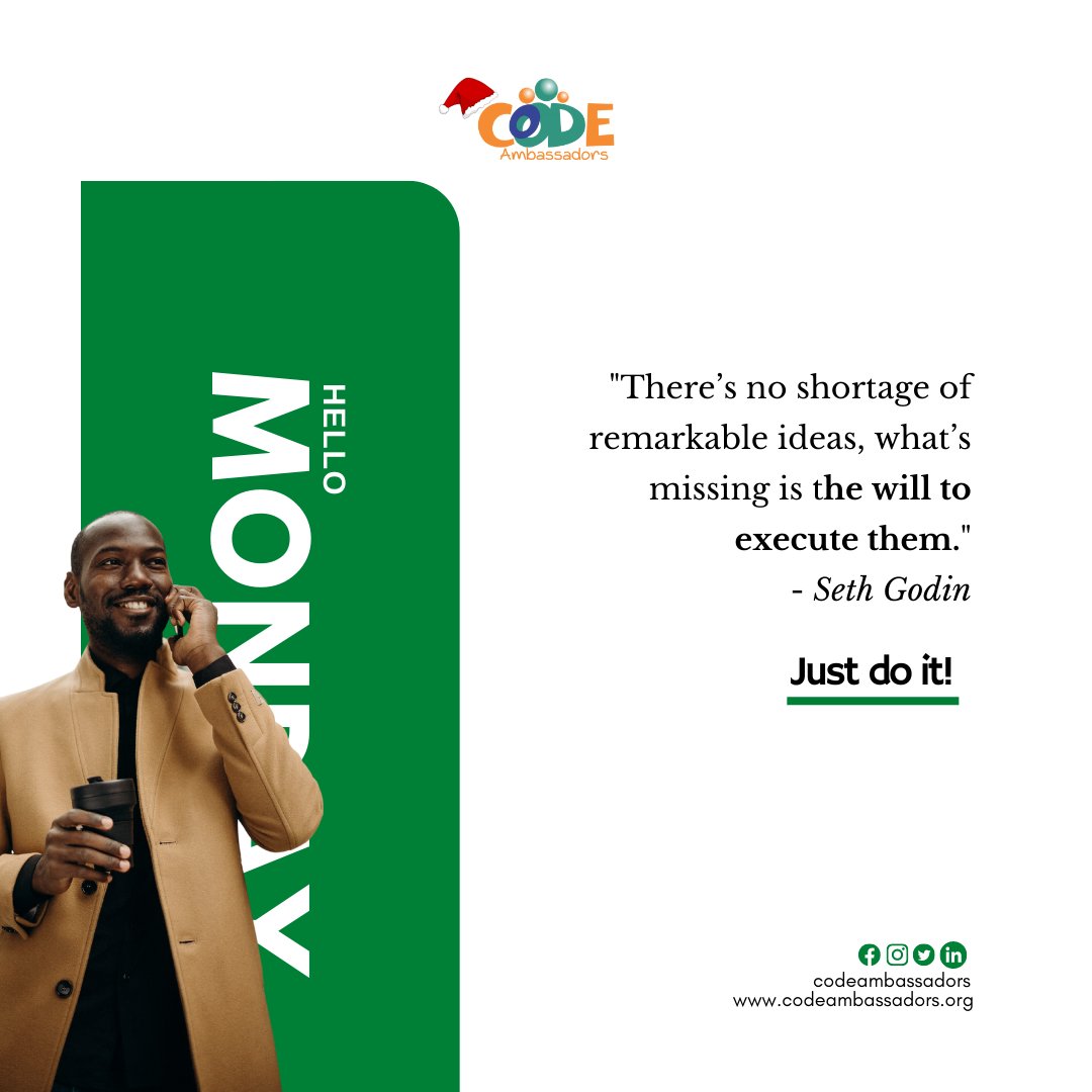 codeambassadors's tweet image. #MondayMotivation 💪🏾

&quot;There&apos;s no shortage of remarkable ideas, what&apos;s missing is the will to execute them.&quot;
- Seth Godin
.
.
.
.
#codeambassadors
#privatecodinglessons
#weekendcodingclass #codingbootcamp #codingforbeginners