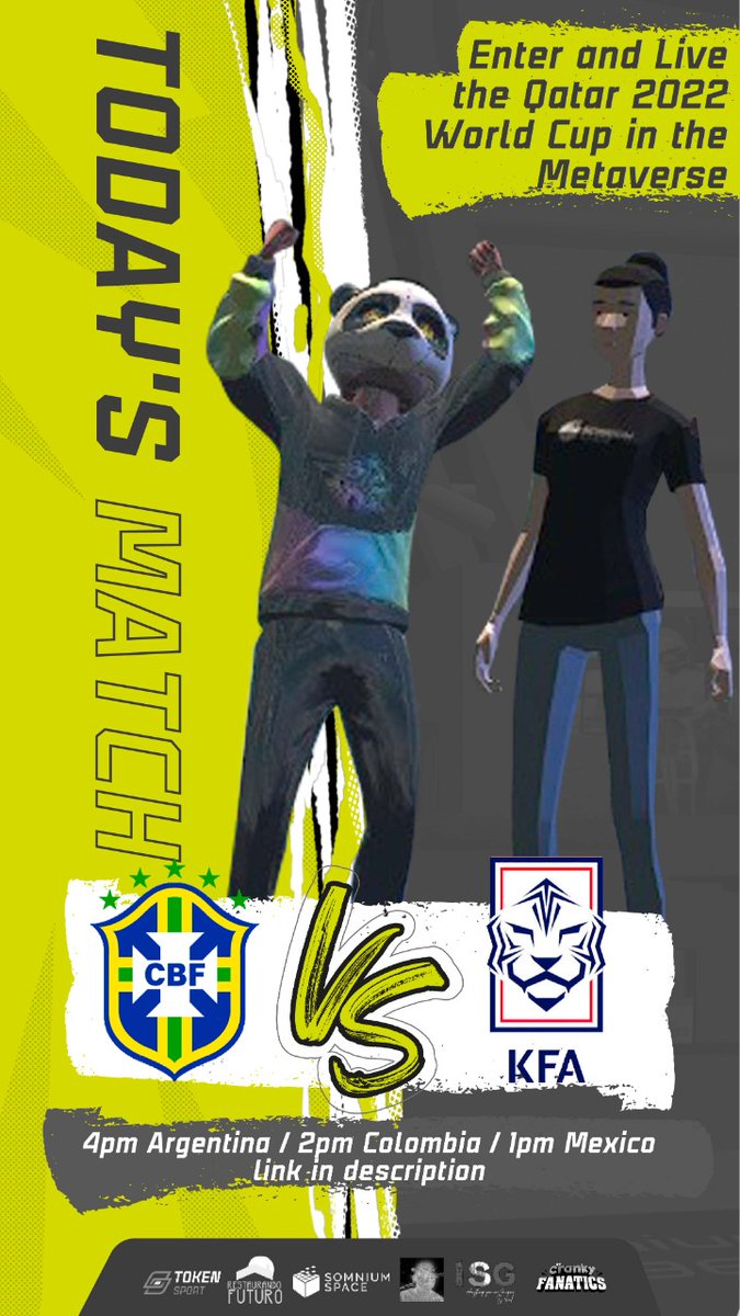 TokenSport's tweet photo. Are we ready 🚀🚀.
Today we shall be showing Brazil 🇧🇷 and South Korea 🇰🇷 live on the below 👇 Metaverse Space.
https://t.co/5Hpxpa9C7o
Come join the winning team and express your passion on ⚽️ 

#LetPassionFlow #Metaverse #ISGSpace #Web3 #TokenSport https://t.co/Rwt2PDaKNE