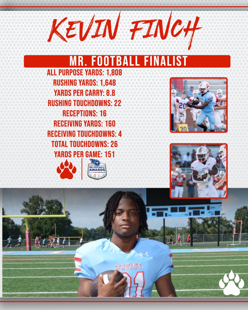 Congratulations to Kevin Finch for being named a 2022 Mr. Football finalists!

Winners will be unveiled on December 7 at Nissan Stadium in Nashville. Way to go, Kevin! We are so proud of you and your dedication to your teammates.
