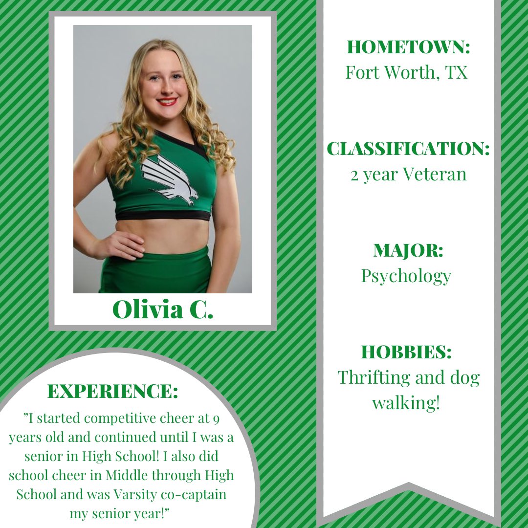 Northtxcheer's tweet photo. Meet the Mean Green Monday: Olivia C.💚🦅 #gmg #nomercy #foentc https://t.co/gJnNc8wfsN