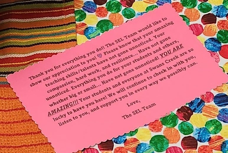 Shout out to our amazing Special Education team for special education day(12/2). SEL team started your week off with some love. Thanks for all that you do. Enjoy your breakfast and know just how much you mean to SCES! ❤️ @SCSELCoaches <a href="/SwansCreekES/">Swans Creek Elem</a>