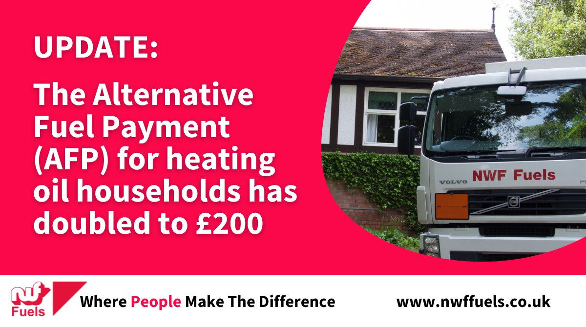 NWFFuels's tweet photo. ALTERNATIVE FUEL PAYMENT UPDATE:

The Alternative Fuel Payment (AFP) has recently been doubled to £200.

Learn all about it here ➡️ https://t.co/p7gVinVZjY

#homeheating #heatingoil #alternativefuelpayment #costofliving https://t.co/7elsl9ircg