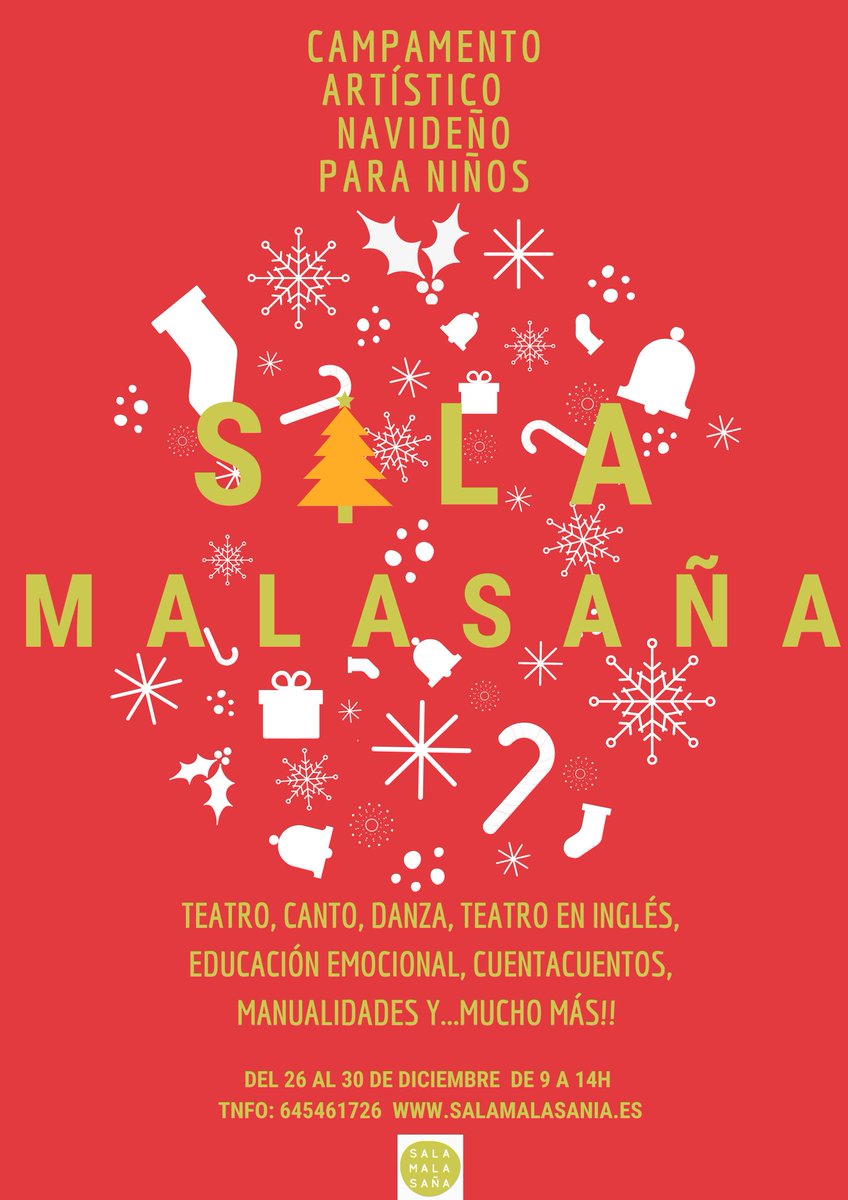 ¡Esta Navidad, los peques de la casa tendrán su Campamento Navideño!
Teatro en inglés, canto, danza, cuentacuentos y mucho más!
Del 26 al 30 Diciembre de 9 a 14
Infórmate en kids@salamalasania.es
#campamentonavideño
#campamentodenavidad #teatroparaniños #clasesdeteatroparaniños