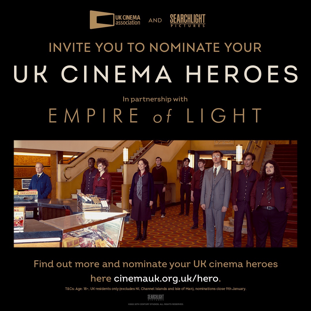 <a href="/Cinema_UK/">Cinema UK</a> has partnered with <a href="/SearchlightUK/">Searchlight Pictures UK</a> to launch the 'UK Cinema Heroes' competition, prompted by the forthcoming release of Sam Mendes' #empireoflight. 

Nominate someone who has gone above and beyond in keeping the big screen experience alive.