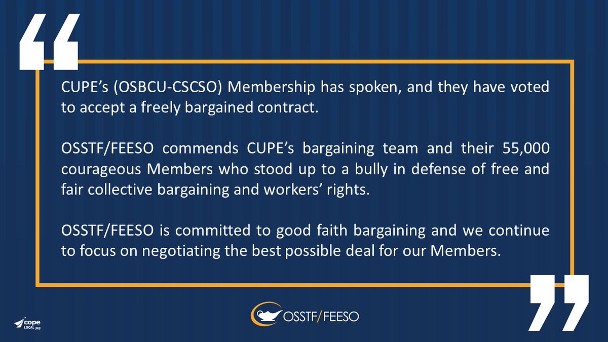 CUPE's Members have spoken!

After showing true courage in the face of a bully, they have now voted to accept a bargained contract. 

#OSSTF commends <a href="/osbcucscso/">OSBCU-CSCSO</a>'s 55,000 Members &amp; we remain focused on negotiating the best possible deal for our Members. #OntEd #OnPoli