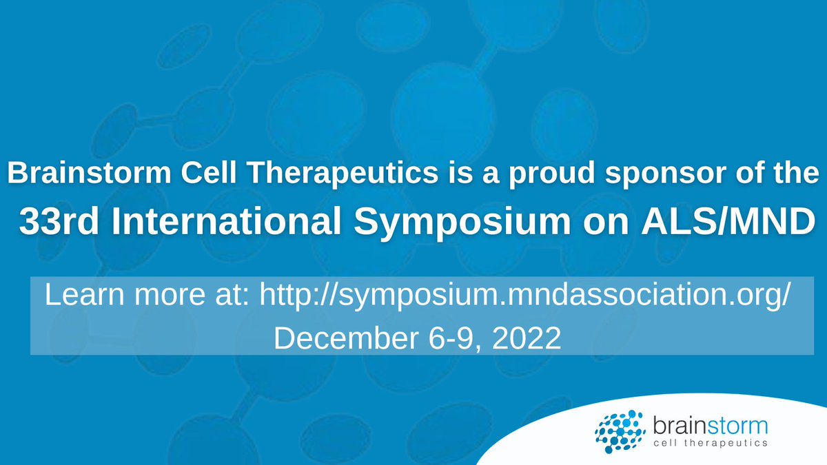 We are proud to sponsor the 33rd International Symposium on ALS/MND supported by <a href="/ALSMNDAlliance/">ALS/MND Alliance</a> and <a href="/mndresearch/">MND Research</a>. Brainstorm Cell Therapeutics is fully committed to people living with ALS and their loved ones. #alsmndsymp