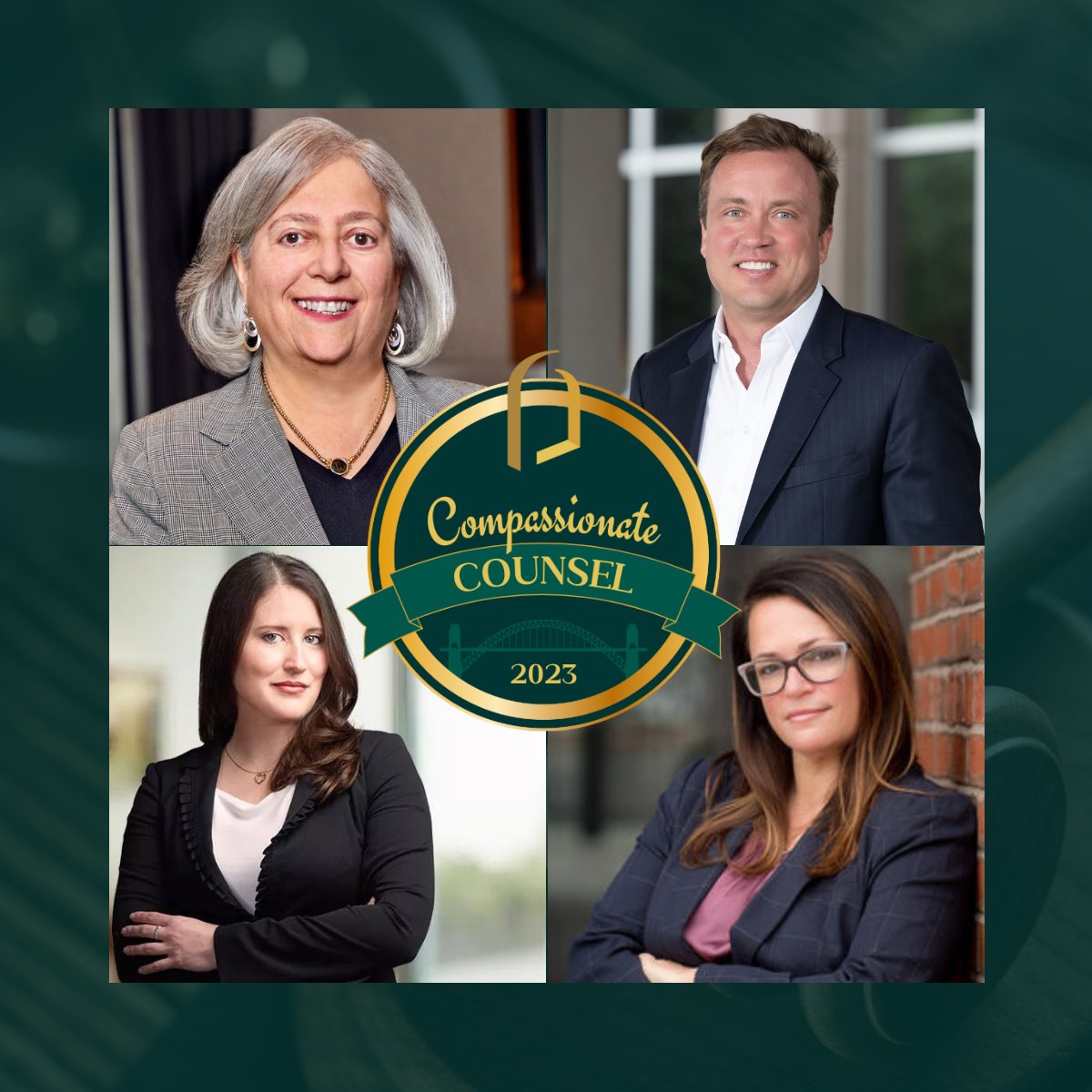 On this #MilestoneMonday we are thrilled to announce the 2023 winners of our Compassionate Counsel award:
Ellen Relkin, Weitz &amp; Luxenberg
Ben Whitley, The Whitley Law Firm
Anna Rol, Baron &amp; Budd
Kim Dougherty, Justice Law Collaborative
