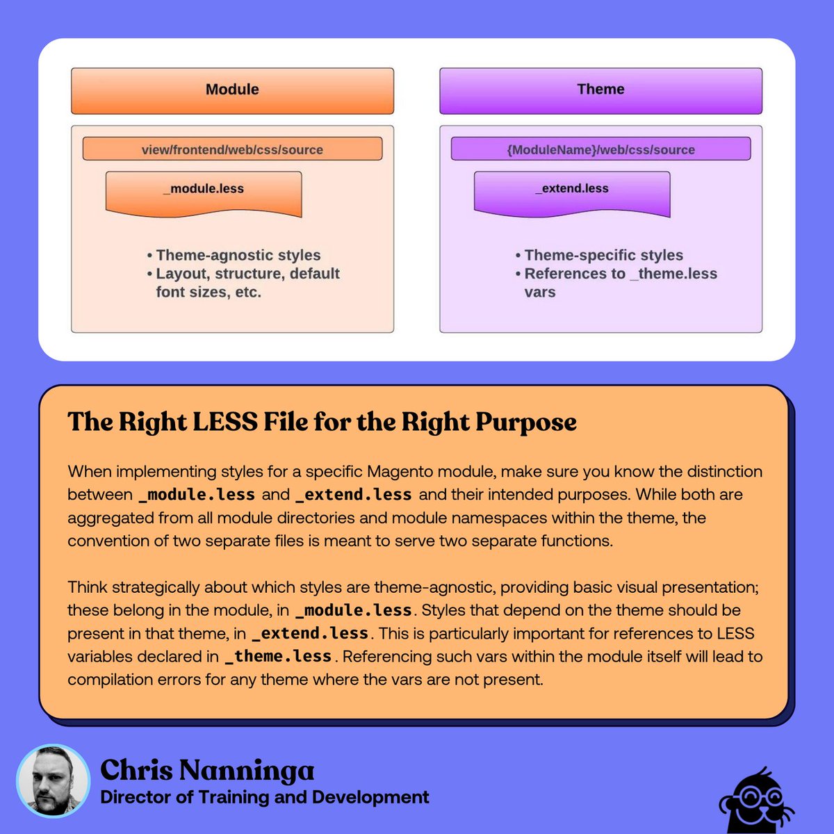 Thanks to <a href="/ChrisNanninga/">Chris Nanninga</a>! When styling a Magento module, make sure you know the difference between _module.less and _extend.less and avoid introducing compile errors with theme-specific references in the wrong place!

#magento #magentodeveloper #swiftotter