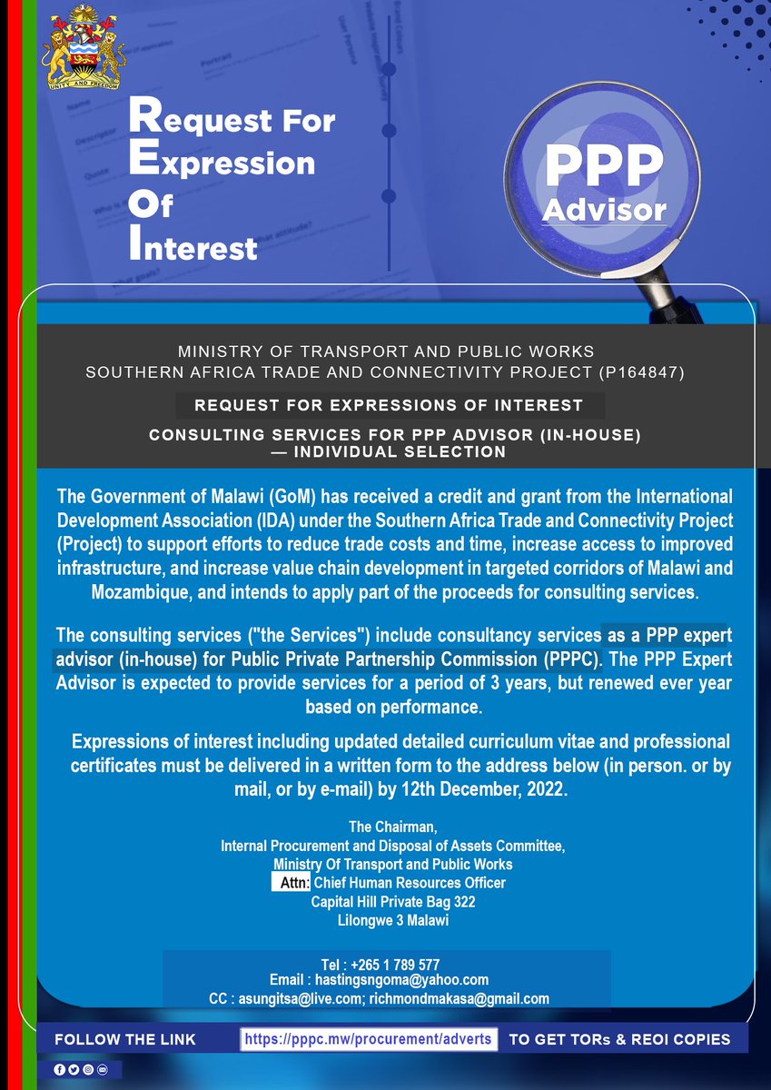 pppcmalawi's tweet photo. Request for Expressions of interest Consulting services for PPP Advisor (In-house)-Individual selection https://t.co/uQfAV91FZy