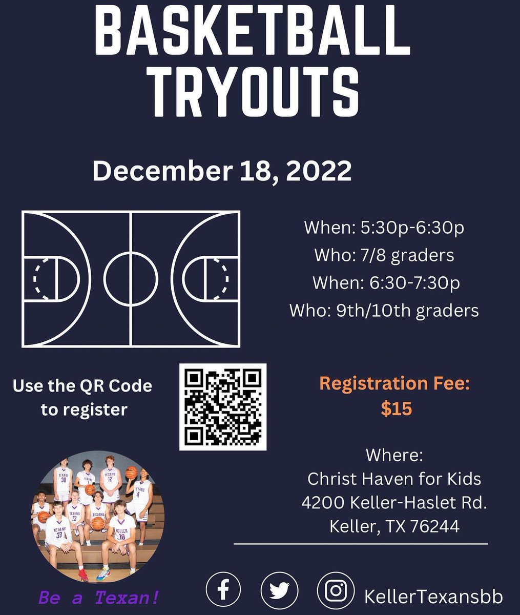 Kellertexansbb's tweet photo. 🚨Basketball Tryouts🚨
December 18th 

#KTB
#KellerTexansBasketball
#aaubasketball 
#basketball🏀 
#tournamentseason 
#KellerTexansbb https://t.co/1cW3FGSwGe