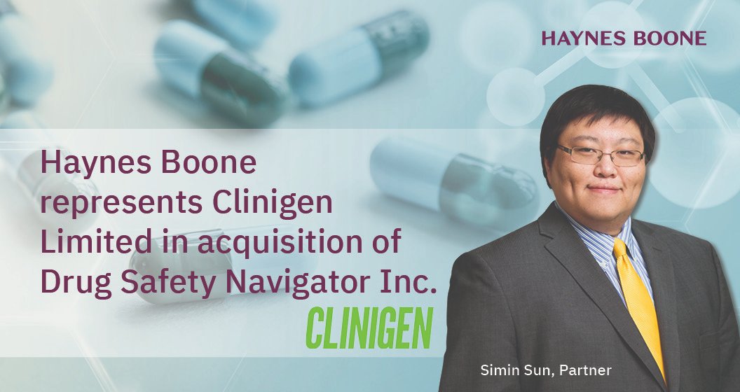 haynesboone's tweet photo. A #HaynesBoone #DealTeam led by Partner Simin Sun represented @Clinigen in its acquisition of @DrugSafetyNavig, a specialist pharmacovigilance service provider. Learn more here: https://t.co/Kh98P1wjVj https://t.co/sAn5lTqqxo