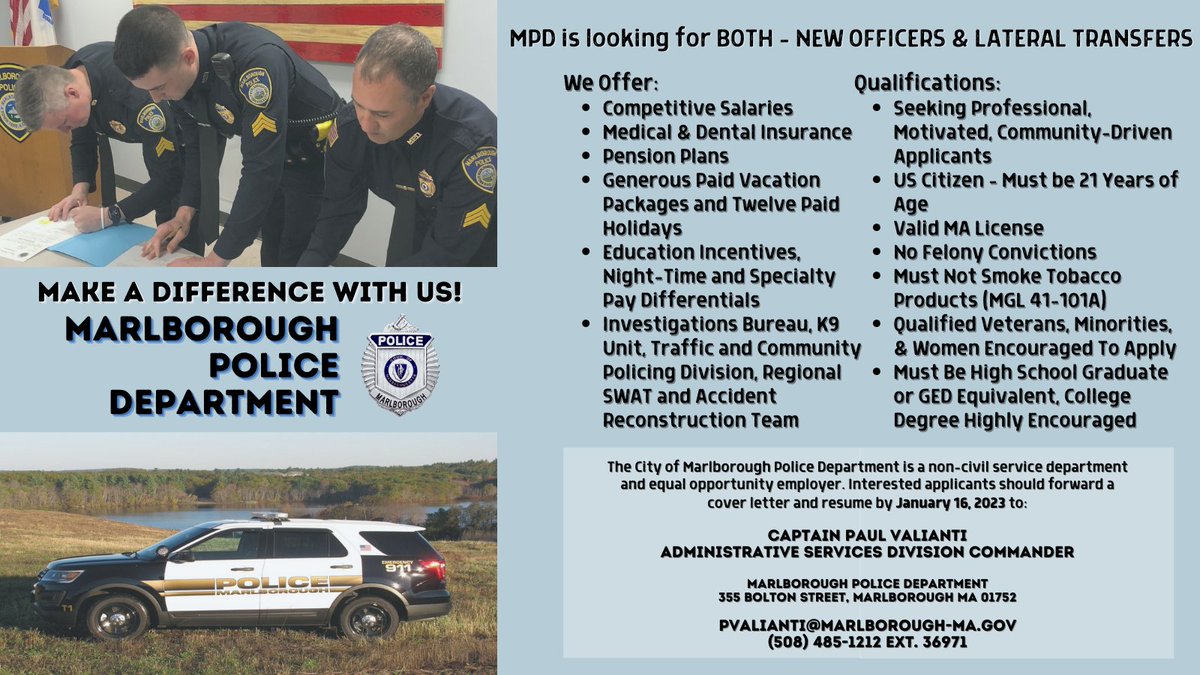 The Marlborough Police Department is currently accepting applications for the position of Full-Time Police Officer. Please click on the following link for more info marlborough-ma.gov/marlborough-po…