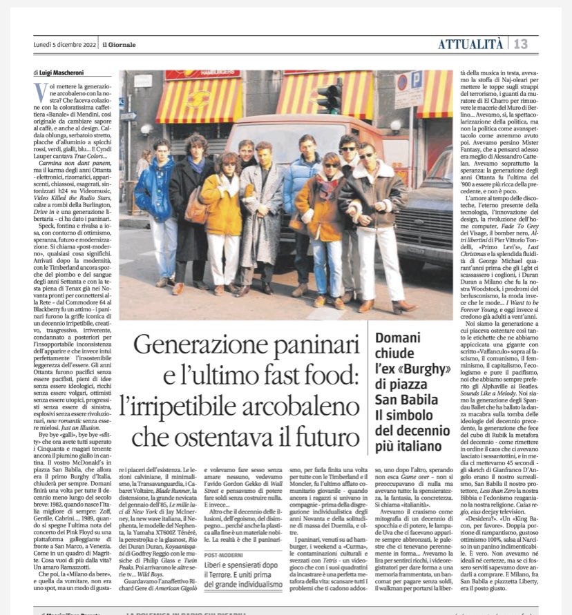 LuigiMascheroni's tweet photo. Vi segnalo un articolo capolavoro: un elogio - acritico - del paninarismo e degli anni Ottanta. Pezzo definitivo su quell’epoca (ah… ma l’ho scritto io…): https://t.co/oSHHVTjhX0 #paninari https://t.co/8f4d8EZCCa