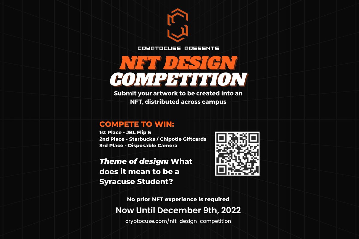 cuseblockchain's tweet image. We will be extending the NFT Competition Submission Deadline to this Friday, December 9th. Please get your submissions in before then to be apart of a cool project and potentially win a prize! cryptocuse.com/nft-design-com…