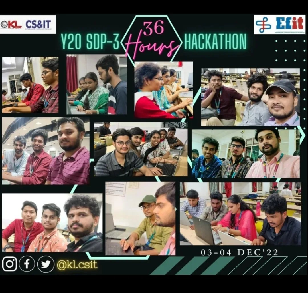 klcsit's tweet photo. Y20 batch SDP-3 HACKATHON on 3rd and 4th December 2022 during their working time and during final presentations
Good luck for their upcoming projects
#klcsit #csit #efit #klefit #kluniversity #klu #kluniversity #hackathon #skill #skilldevelopment #skilldevelopmentproject https://t.co/6ksVw9OI8P