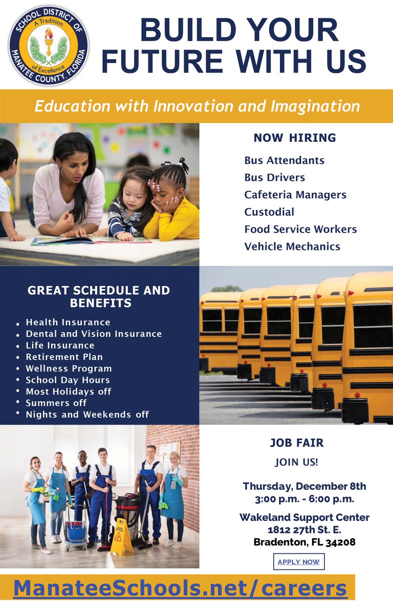 MCSD_FNS's tweet photo. Operations Hiring Event - Thursday, Dec 8, 3-6pm
Wakeland Support Center 1812 27th St. E., Bradenton Interviewing on site for open positions including:
  Bus Attendants, Bus Drivers, Cafeteria Managers, Custodial, Food Service Workers, Vehicle Mechanics https://t.co/ydOBKOESbk