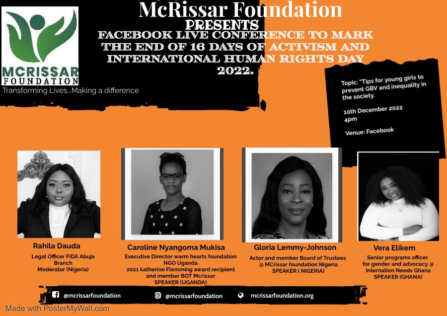 To mark the end of #16DaysofActivism2022 and to also mark the international human rights day 2022, Mcrissar Foundation will be hosting a live Facebook event to discuss “Tips for young girls to prevent GBV and inequality in society “ with a focus on Africa…