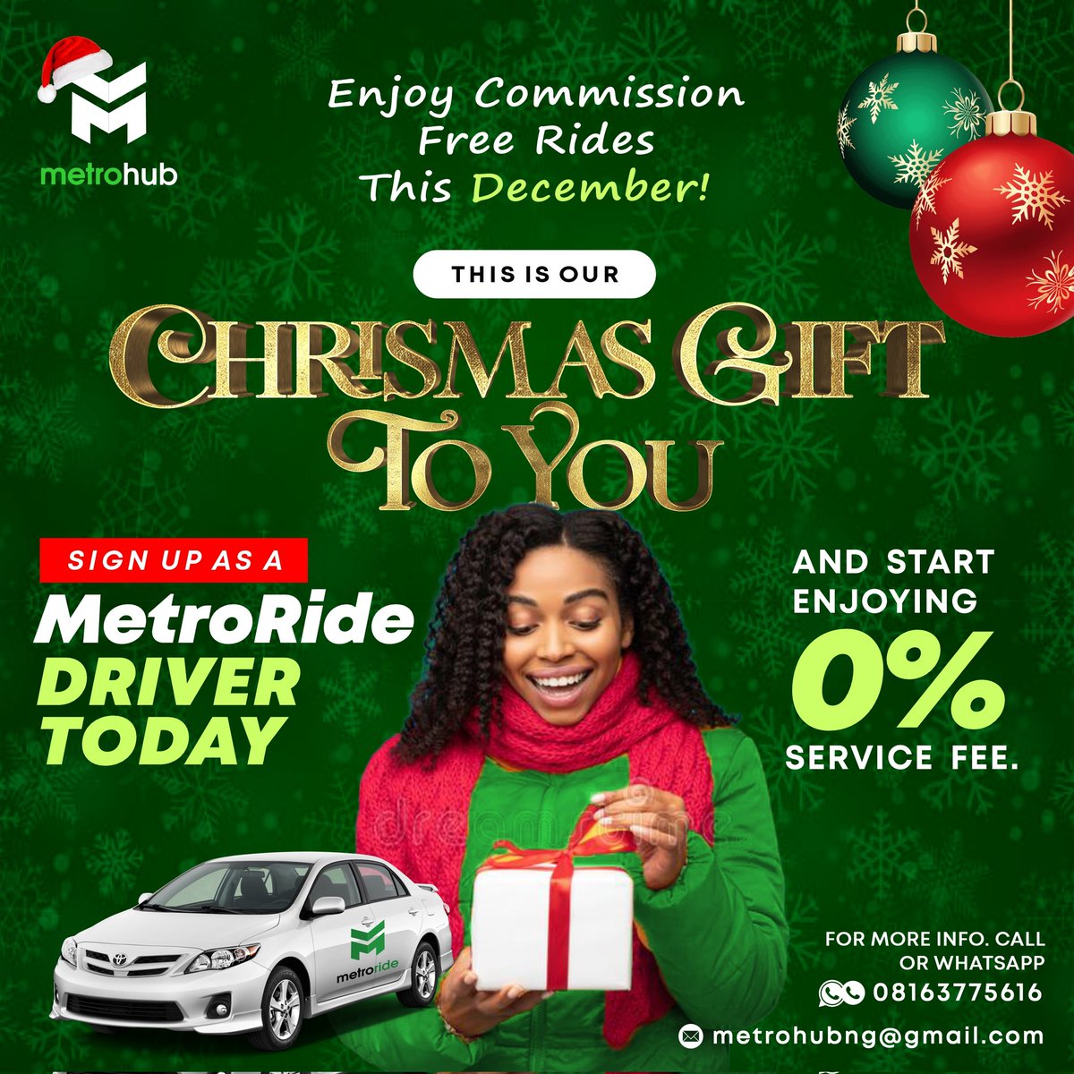 metrohubng's tweet photo. What are you waiting for? Register as a MetroRide driver today and start enjoying 0% service fee

No charges, the full fare is yours

Chrismas came early in form of MetroRide

To register kindly send a DM, call or WhatsApp us on  08163775616

#freeride #nocommission #ridehailing https://t.co/S3ESR7iBLM