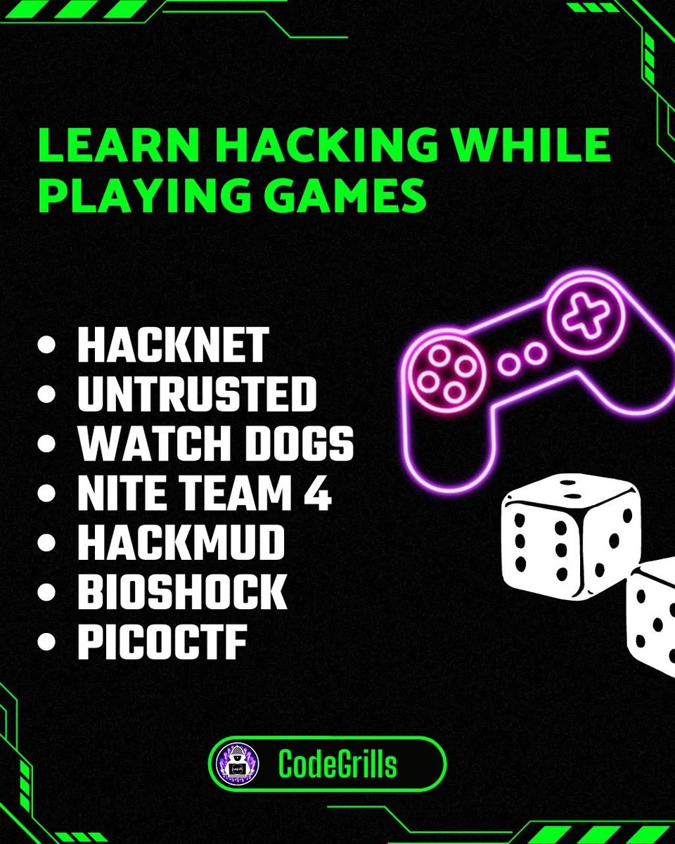 Code_Grills's tweet image. Play games 🎮 and learn hacking 
_________________________

Looking for Ethical Hacking Training? Call us at:- +91 7617707702

_________________________

Tags:-#ethicalhacking #hacking #cybersecurity #hacker #hackers #kalilinux #linux #ethicalhacker #programming #infosec