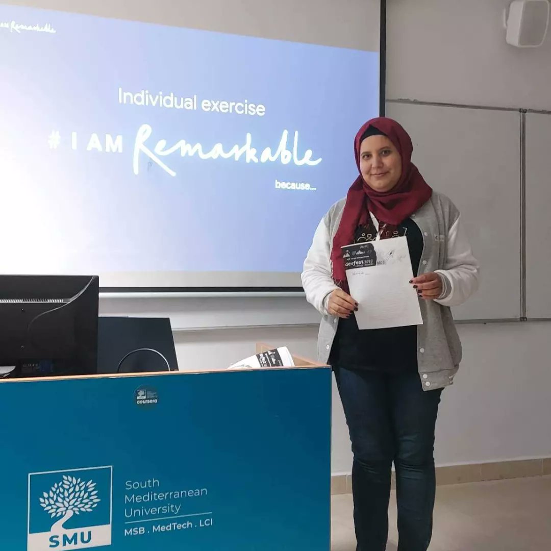 Awatef_Riahi's tweet photo. So happy and honored to run @IamRemarkable_ workshop at #devfest2022 @gdgcarthage
Thank you @zazouws @noha_jaafar and @miladi_yosra for the opportunity 😍. #lamRemarkable #devfest2022 #gdgmena #gdg #wtm #wtmambassador @gdgmena #iamremarkableweek https://t.co/BscpPpNtP0