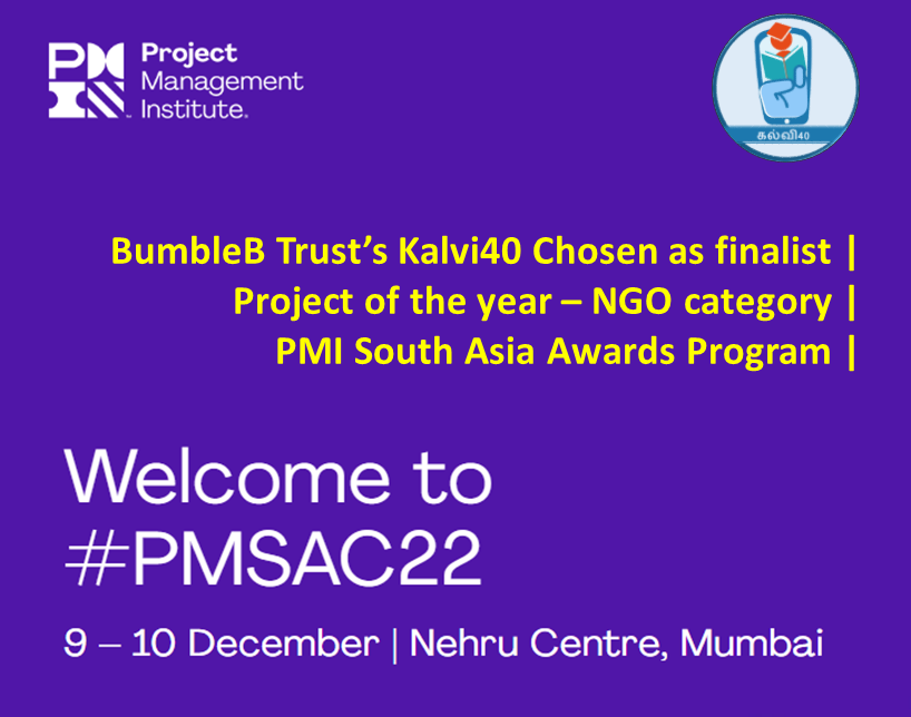 premgkumar's tweet photo. Here we come Mumbai, 09th & 10th Dec. Kalvi40 proud finalist in PMI SA Award 2022.
Gnana Prakash & myself are invited for PMI South Asia Conference in Worli, Mumbai being the finalist of 'Project of the year - NGO' 2022 category. Proud privilege #pmsac22 #PMI #kalvi40 @malpani https://t.co/QOTamYyAY3