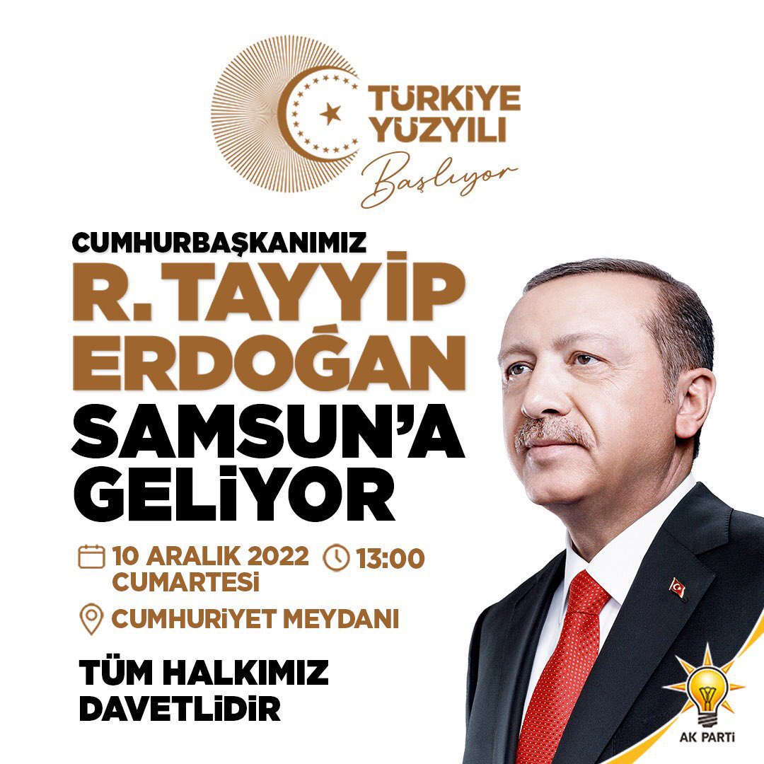 AvOrhanKIRCALI's tweet photo. Cumhurbaşkanımız Sayın @RTErdogan #Samsun'a geliyor.

Türkiye Yüzyılı vizyonu ile asırlık hamleler bir bir hayata geçiyor, hedefler gerçekleşiyor.🇹🇷

🗓️10 Aralık 2022 Cumartesi 
⏰13.00
📍Cumhuriyet Meydanı
Tüm halkımız davetlidir. https://t.co/ajr1a1VIKy