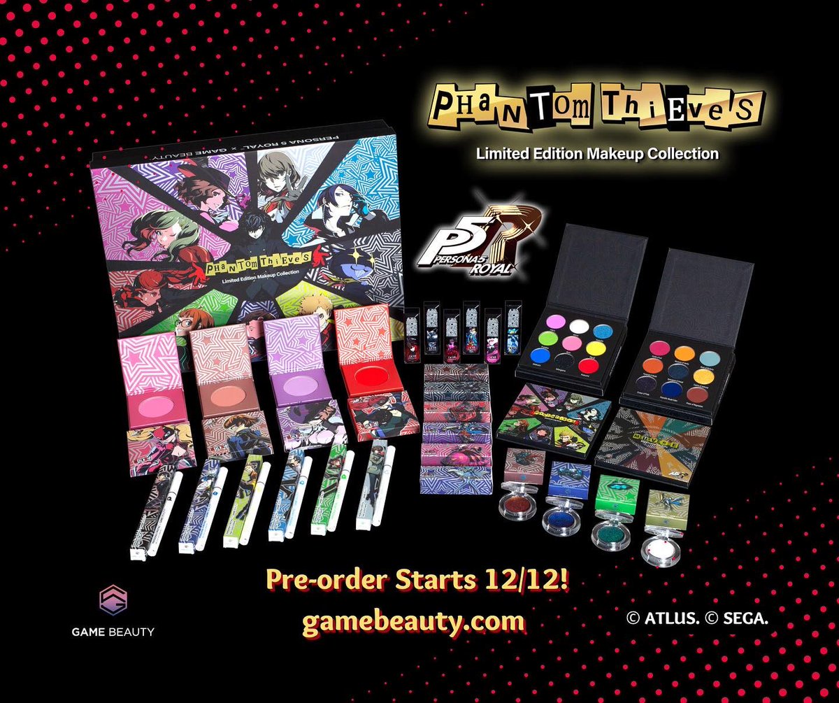 GameBeauty's tweet photo. The Phantom Thieves are ready to steal your heart! ✨  Max out your charm with our limited-edition Persona 5 Royal collection, coming soon!
.
💓 Pre-order starts at 7am PST on Monday 12/12 at https://t.co/sorKce417Y!
💗Shipping starts mid January!

@atlus_west #Persona5Royal #P5R https://t.co/heG8sTvs1h