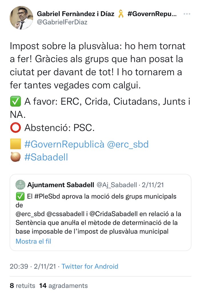 EliaSorianCosta's tweet photo. A la #JdGSbd, el govern de #Sabadell presenta una moció per millorar el finançament dels ajuntaments que demana compensar la plusvàlua o suprimir les regles. @erc_sbd presentàvem la mesura fa un any al #plesbd. El PSC s’hi apropa. Només falta que ho defensi a Madrid.
1/2 https://t.co/BA6a4HuZ3H