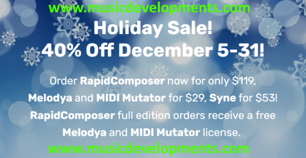 MusicDevelop's tweet photo. MusicDevelopments Holiday Sale until the end of year! 40% off RapidComposer (now $119), Syne (now $53) and Melodya (now $29). More info: https://t.co/7uP1B5PkA0
#deals #vstdeals #plugindeals #musiccomposition #songwriter #harmony #synth #vst #作曲家 #電子音楽 https://t.co/nwfBixI2YR