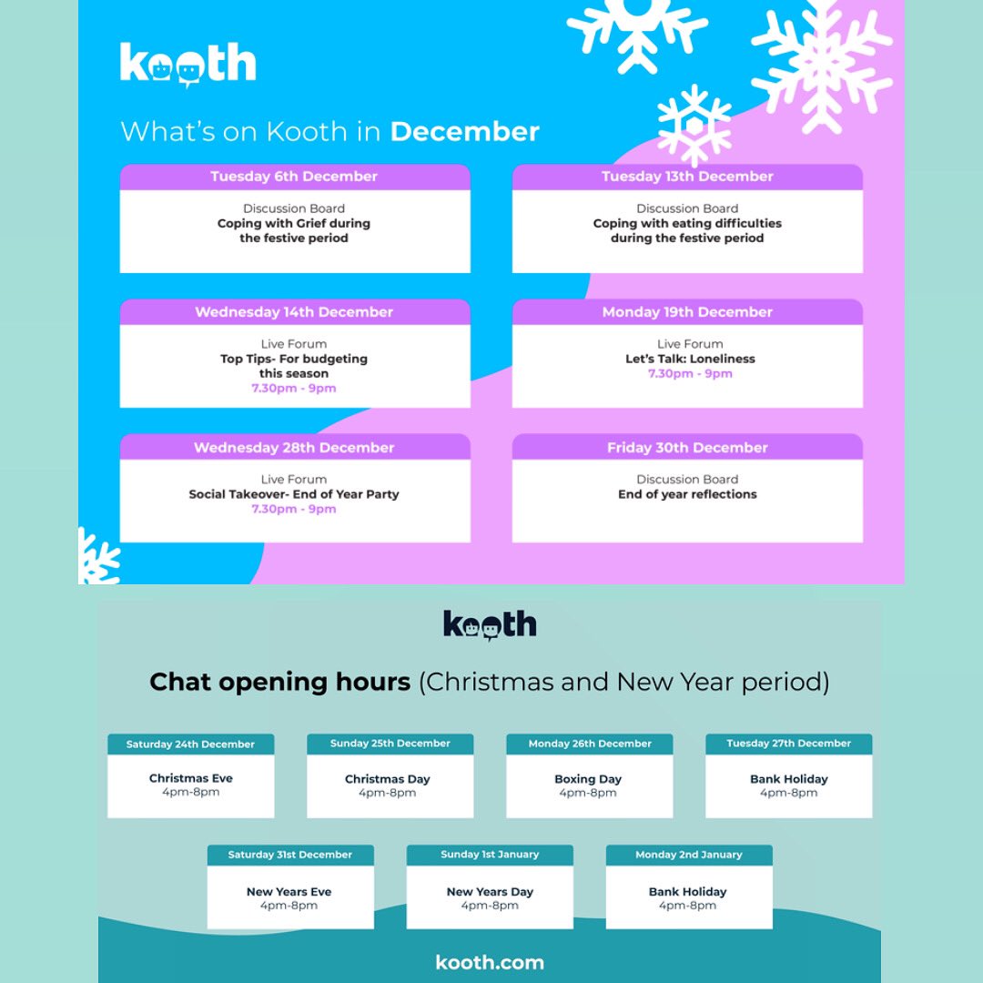 KOOTH ARE HERE TO SUPPORT YOU DURING THE CHRISTMAS PERIOD 🎄💫👌🏽👍🏼

Kooth are covering some great topics in December.. if you haven’t already then please share Kooth with the children that you support 👏🏼😌

#heretosupport #leicsyouthjustice