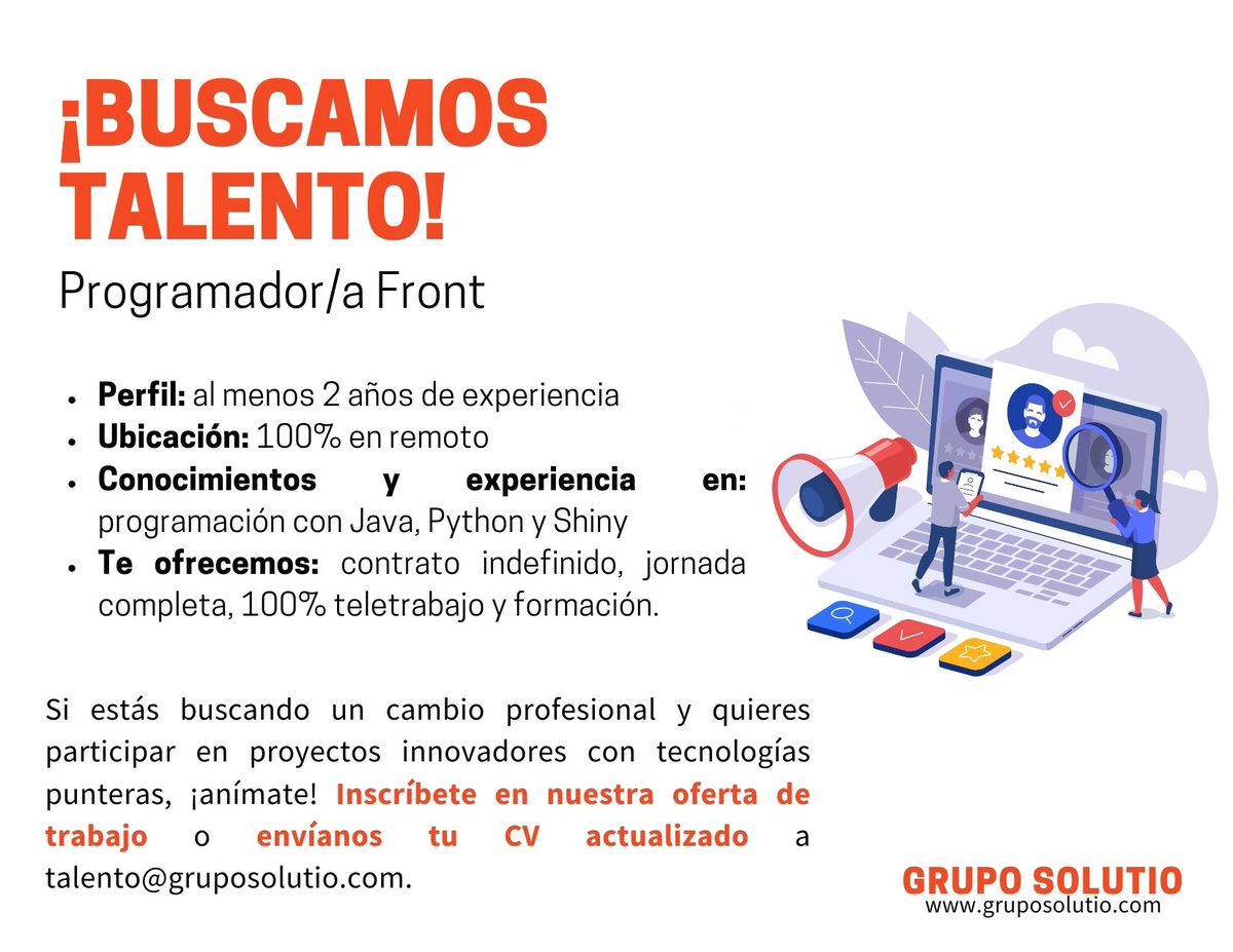 Grupo_Solutio's tweet photo. Buscamos a un/a #ProgramadorFront para incorporación 100% en remoto en nuestro equipo en proyecto de cliente.

➡Aplica aquí: https://t.co/bKXZ4OcmKY 
➡Envíanos tu CV a talento@gruposolutio.com

#Solutiotalent #DesarrolladorFront #Frontend #FrontDeveloper #Java #Python #Shiny https://t.co/lXfHUXd6oy