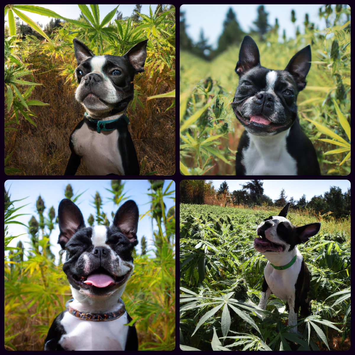 memableAI's tweet photo. A Boston terrier playing in a weed field https://t.co/cFtCSJtVdE