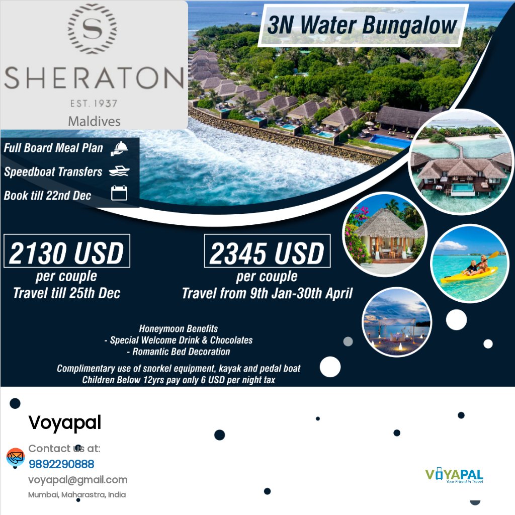 voyapal101's tweet photo. Book Amazing Malddives Holiday with VoyaPal @ 9967411177

#sheraton #sheratonmaldives #visitmaldives #honeymoondeatination #honeymooners #honeymoonpackages #tourpackages #maldivespackage  #tourbooking #maldivesbooking #travelpackage #holiday #beachvilla #familytour https://t.co/fIdYzMC0ua
