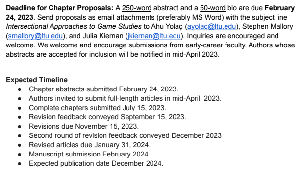 "Intersectional Approaches to Game Studies: A Critical Analysis of Process, Product, and Pedagogy": the deadline has been extended to February 24, 2023 to accommodate the upcoming holiday season. #cfp #intersectionality
The old CfP lives here: call-for-papers.sas.upenn.edu/cfp/2022/06/15…
