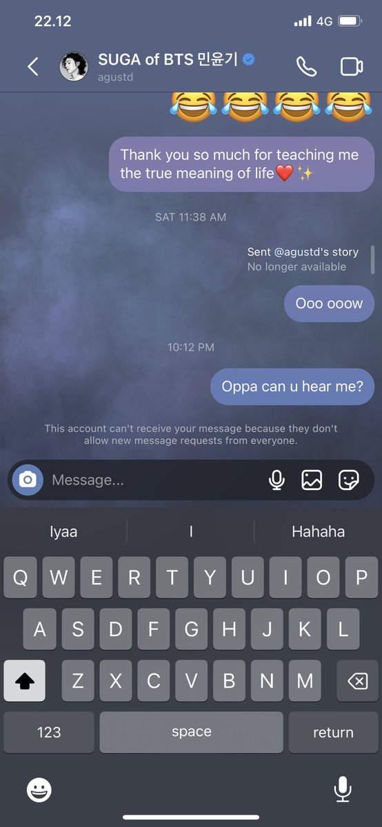 usually not like this. This is weird😳ga pernah sejarahnya selama BTS ada ig pas w dm mereka langsung ada jawaban kya gini. yg anehnya cuma ig suga yg kaya gini yg lain engga. Selama w dm suga juga ga pernah ada jawaban gini🤷🏻‍♀️