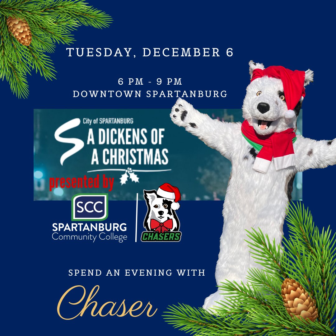 sccyourcollege's tweet photo. Remember, the 28th Annual Dickens of a Christmas is tomorrow from 6 pm - 9 pm in Downtown Spartanburg. Bring yourself and your family. Hang out with SCC's Chaser and have a great time celebrating the holiday season! #SpartanburgCommunityCollege #DickensofaChristmas https://t.co/csjEbEibyf